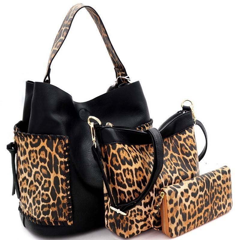 3 IN 1 FAUX LEATHER LEOPARD PRINT HOBO WALLET SET MH-LF5037T